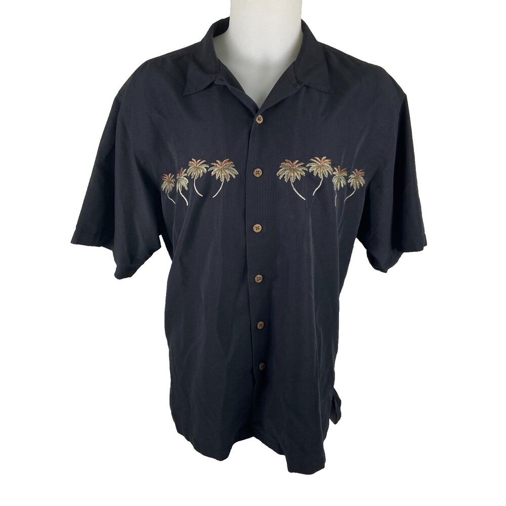 Weekender Men XL Black Embroidered Shirt Button Front Palm Tree Casual
